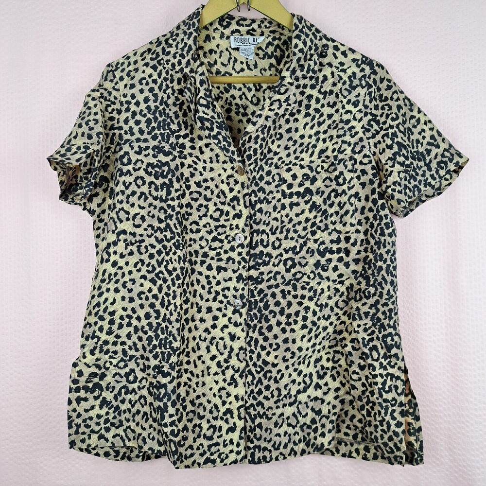 Vintage Robbie Bee Women 100% Silk Short Sleeve Blouse 10 Petites Animal Print